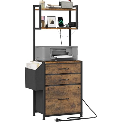 HIGDBFE Small 3 Drawer File Cabinet with Charging Station, 3-Tier Tall Filing Cabinet for Home Office, 11''*16'' for Small Printer, Fabric Drawer Fits Letter/A4, Printer Stand 45''H, Rustic Brown