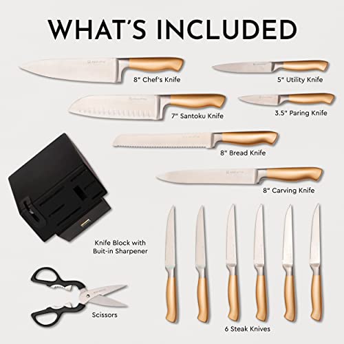 Black and Gold Knife Set With Block Gold Handle Knife Set with Self