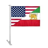 AGAS USA Iran Lion and Sun Premium Car Flag 10.5 x 15 inch – American Iran Heritage Vehicle Flag – Double Sided Printed Wrap Knitted Polyester – 19" Stiff Pole with Window Mount Bracket – Road Ready Durable Display