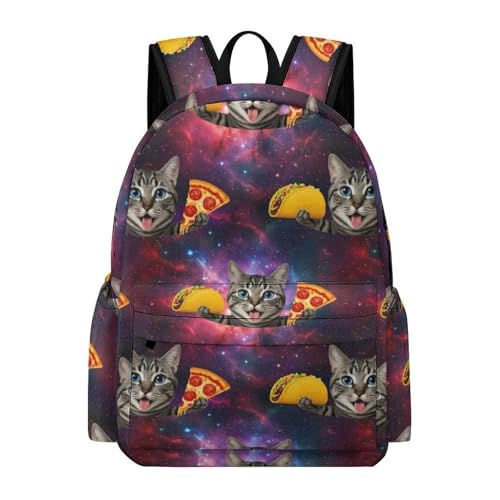 Grand sac à dos universitaire imperméable et résistant imprimé chaton galaxie mangeant des tacos