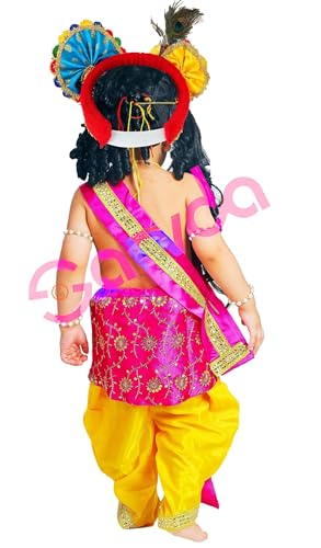 Image of Sarvda Shree Krishna Dress for Baby Boy & Radha Dress for Girls | Janamashtami Dress | Fancy Dress Costume with Accessories Dhoti, Dupatta, Mukut Flute Complete set, Ethnic wear