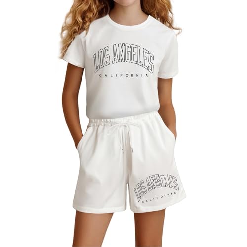 Girl's 2 Piece Outfits California Letter Print Graphic T Shirts and Elastic Waist Shorts Casual Summer Clothing Sets 3-14T