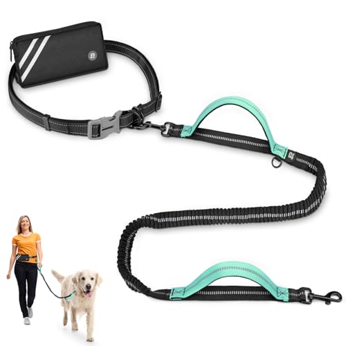 Guinzaglio Mani Libere per Cani, con Borsa Nera per Corsa, Jogging, Running, Anti-tiro, Riflettente Guinzaglio per Cani, Due Maniglie