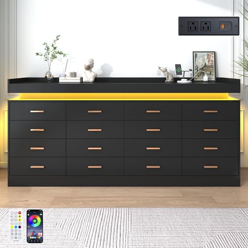 Image of jiteentarou 16 Drawer Dresser with Charging Station and LED Lights, Modern Chest of Drawers with Power Outlet, Organizer Cabinet for Bedroom, Living Room, Entryway, Black