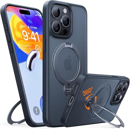 TORRAS Ostand Q3 Spin für iPhone 15 Pro Hülle (360 Magnetischer Unsichtbarer Ständer) Zertifizierte Militärschutz MagSafe Kompatibel Stoßfest Kratzfeste Matt Rückseite Handyhülle Schwarz
