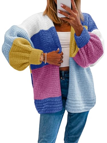 Saodimallsu Womens Color Block Oversized Cardigans Long Lantern Sleeve Open Front Chunky Knit Fall Sweater Coats