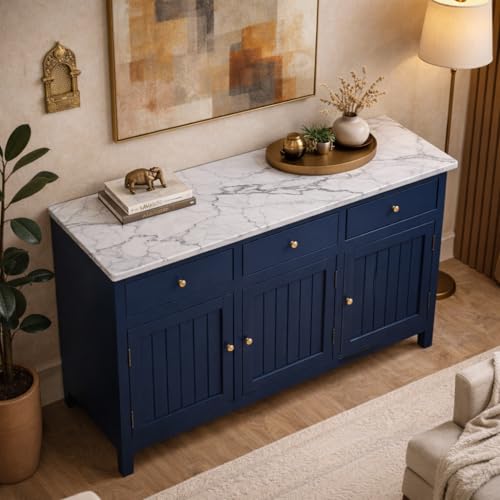 Image of Solid Wood Madrid Sideboard Cabinet with Sintered Stone Top for Living Room | Premium Acrylic Midnight Blue | 130x40x80 cm