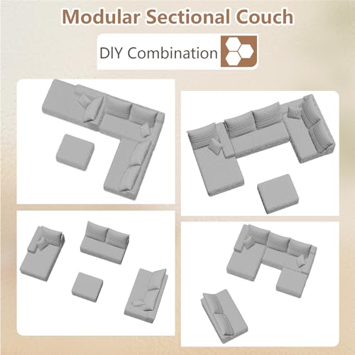 Image of Oversized Modular Sectional Sofa Couch, Large 6 Seater Corner Sofa Modern U Shaped Sectional Couch Cloud Couches for Living Room, Office, Spacious Space, Corduroy,No Assembly Required, Light Grey