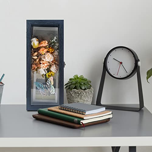 Image of GraduationMall 5x12.5 Wood Shadow Box Frame Glass Door Display Case with Linen Back and 6 Stick Pins,1.5 inches Interior Depth,Ideal for Memorabilia Pictures Flowers Medals Tickets Rustic Black