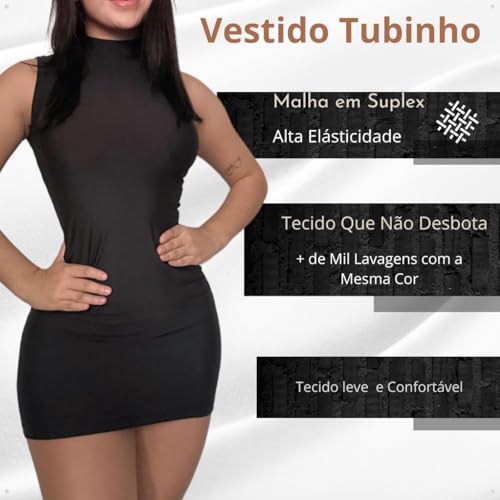Vestido Tubinho Curto Colado Gola Alta Verão (BR, Alfa, Único, Regular, Regular, Preto)