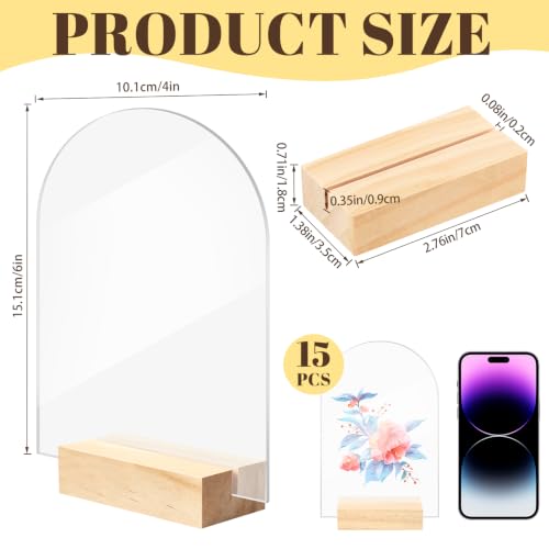 Image of Bercoor 15 Pack 4x6 Inch Blank Clear Arch Acrylic Sign with Wooden Stands, Arched Round Top Acrylic Sheet, DIY Acrylic Arch Table Numbers for DIY Name Card Gifts Event Party Sign Decoration