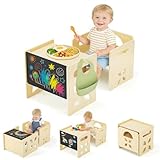 PAMPORPET Montessori Tisch Stuhl Set für Kinder-Kindertisch mit Blackboard- Konvertierbar Kleinkindertischset Holz-Höheneinstellbar kindersessel für 1–3 Jährige-Kindermöbel für Essen/Spielen/Maltisch