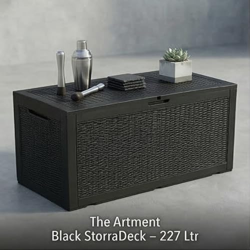 Image of The Artment Black StorraDeck 227 Ltr Storage Box - Waterproof, UV-Resistant Resin Deck Box with Lockable Lid for Indoor & Outdoor Multipurpose Use | Durable Storage for Balcony, Hall, Garden & Patio