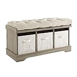 Walker Edison Modern Farmhouse Entryway Shoe Storage Bench Totes Upholstered Cushion Hallway Organizer, 42 Inch, Grey Wash