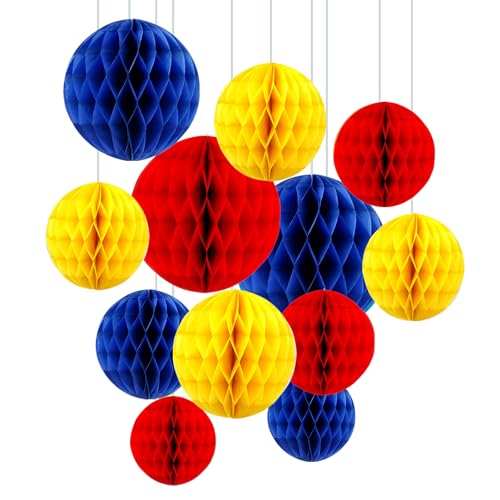 Image of ZOOYOO 12Pcs 6 inch 10 inch Honeycomb Balls Decorations Hanging Tissue Paper Pom Poms for Kids Birthday,Party Decorations(Blue Red Yellow)