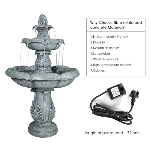 Image of SunJet 48 inch High 3-Tiers Modern Concrete Outdoor Water Fountain - Round Large Outdoor Fountains and Waterfalls for Garden, Patio, Yard, and Deck Decor, Featuring Natural Stone Look (Grey, 48 inch)