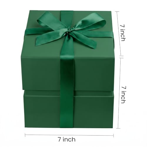 Image of LIFELUM Dark Green Gift Box 7 x 7 x 7 inch, 1 Pack Elegant Cube Gift Box with Magnetic Lid, Card, Ribbon, Shredded Filler for Christmas, Birthday, Wedding, Valentine's Day