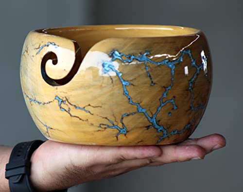 Image of Lichtenberg Figure Yarn Bowl - Handmade Wooden Yarn Bowl for Knitting Yarn Ball Holder - Yarn Bowls with Holes Crochet Bowl Holder - Yarn Storage Bowl 7 inch x 4 inch inches (Sky-Blue-B)