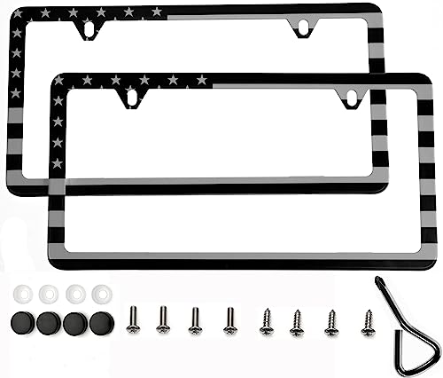 eVerHITCH USA American Flag UV Resistant 2 Hole Slim Style Stainless Steel License Plate Frame, Black and White (Pack of 2)