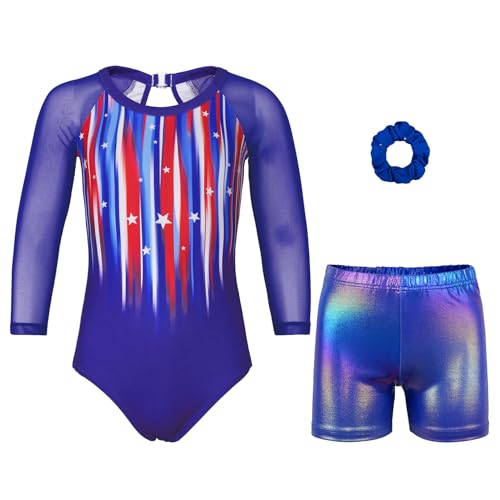 Gymnastics Leotards for Girls With Shorts Sparkly Ballet Dance Long Mesh Sleeve Celebrate Stars Set 8-9 Years