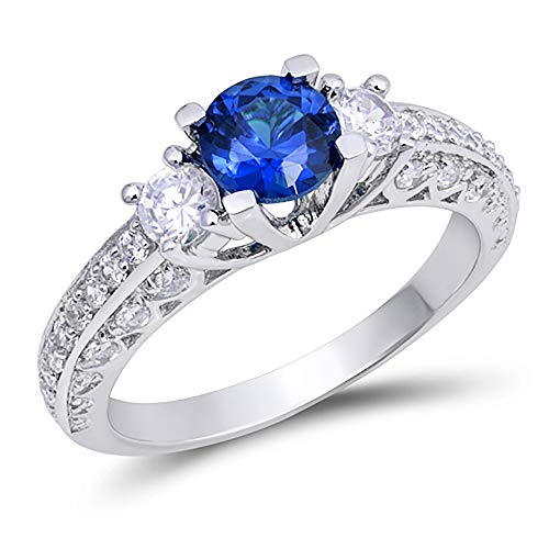 CloseoutWarehouse Simulated Sapphire Cubic Zirconia Three Stone Engagement Ring Sterling Silver - Main Image