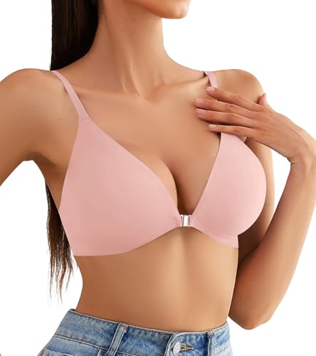 Image of DEANGELMON Front Closure Bras for Women Wireless Lightly Padded Bralett Seamless Low Cut V-Neck Lightweight T-Shirts Bra
