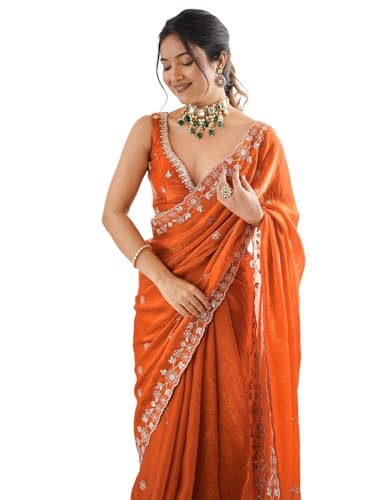 Image of Satrani Women's Tissue Silk Scalloped Border Sequins Embroidery Saree with Unstitched Blouse Piece