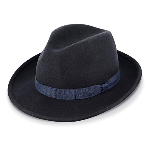 fiebig Fedora Sombrero de Fieltro de Lana | Bogart Sombrero para Mujeres y Hombres | Ajuste Cómodo en Verano e Invierno | Gorra clásica (57-M, Azul Marino)