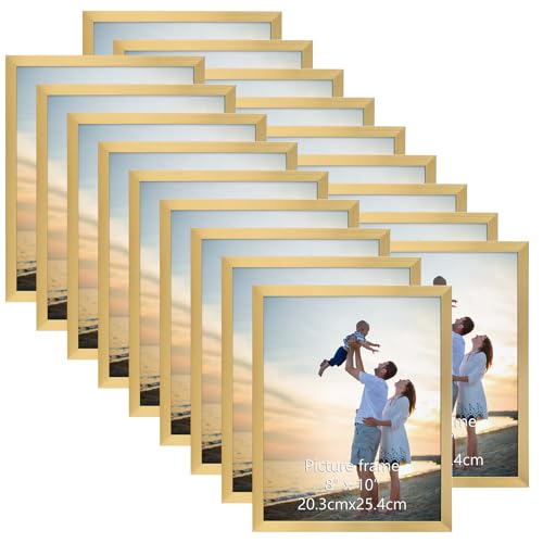 Hoikwo 18 Packs 8x10 Gold Multi Plastic Picture Frames Set with Plastic Cover for Family Photos, Artwork, Light Weight Bulk 8 by 10 Frames Pack for Wall Hanging and Table, Stylish Picture Frames