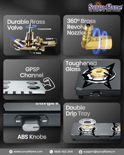 Image of Surya Flame Creta Gas Stove 2 Burners Glass Top | Tri-pin Brass Burner | 2 Burner Gas Stove, Stove 2 Burner, Manual Ignition, Ultra Slim Design with Toughened Glass Top, Removable Drip Tray