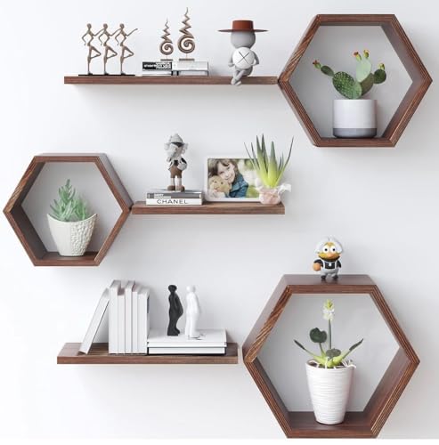 Image of Hexagon Wall Shelves Set of 6 | Wooden Floating Wall Shelf for Home Decor | Honeycomb Design Wall Rack for Living Room, Bedroom & Office (Brown)