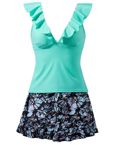 RXRXCOCO Ruffled Tankini Swimsuits for Women Tummy Control Swimsuit Back Tie Tankini with Skirt Two Piece Bathing Suits4