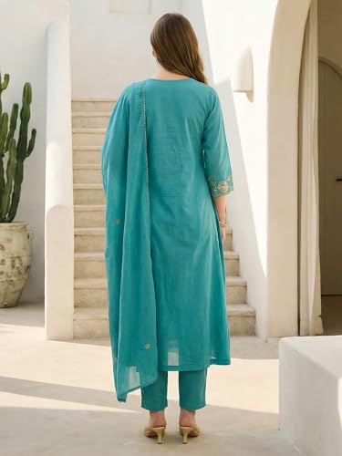 Image of INDO ERA Women's Rayon Viscose Floral Embroidered A-line Kurta Palazzo & Dupatta Set