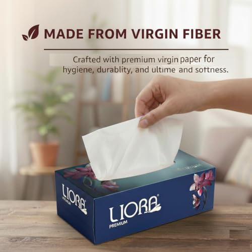 Image of Liora 2 Ply Facial Tissue Box (Pack of 4) | 400 Sheets Total | Soft, Strong & Highly Absorbent Facial Tissue Paper | Premium Virgin Pulp Face Tissues for Home, Office, Car & Travel Use | Skin Friendly