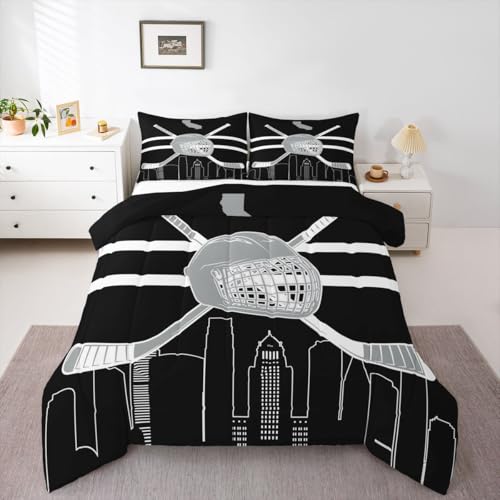 Erosebridal Ice Hockey Comforter Set King,Hockey Bedding Set for Boys,Winter Sports Bed Sets,Ice Hockey Players Down Comforter with 2 Pillow Shams Bedroom Decor,Black Gray