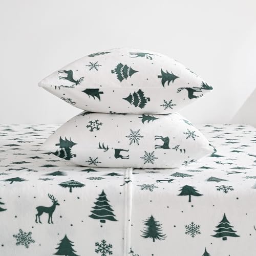 Image of Viviland Microfleece Full Bed Sheet Set, Green Deer | Soft Flannel-like Fleece, 100% Polyester, Fluffy Velvety Feel, 200GSM, 15 inch Deep Pocket, Warm Winter Gift & Decor