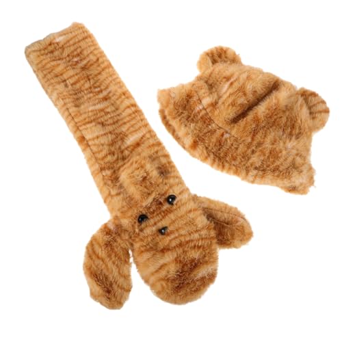 VANZACK 1Set Cute Plush Bucket Hat and Scarf Women Warm Fuzzy Beanie with Leopard Ears Face Flattering Design and Adorable Tiger Print for Winter Fashion