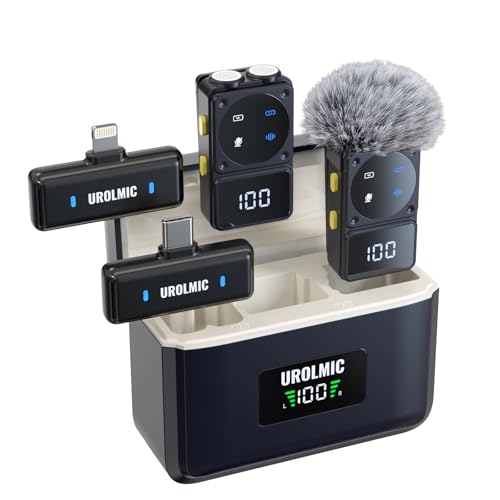 UROLMIC Micrófono Inalámbrico de Solapa Compatible con teléfonos iOS y Android, 45H Batería, 50M Alcance, Estuche con Pantalla Digital, Reducción de Ruido Dual, para Youtube y Grabación