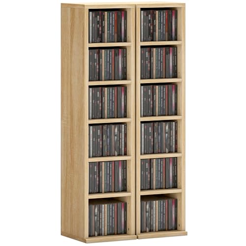 HOMCOM Lot de 2 étagères colonnes Armoire de Rangement CD-DVD 6 + 6 Compartiments 21 x 22,5 x 88,5 cm capacité Max. 204 CD chêne