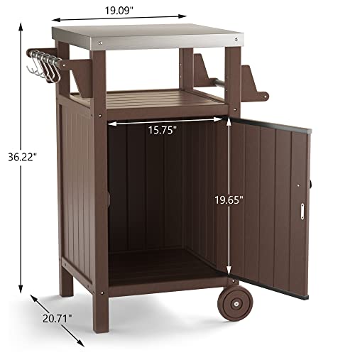 Korvos Movable Portable Outdoor Table, Stainless Steel Patio Kitchen Island, Storage Cabinet With Wheels And Side Shelf, Inclouding Four Accessory Hooks For Outdoors(Brown Color) #TOP1