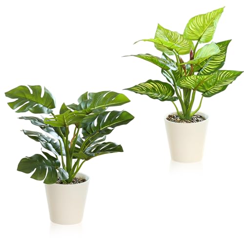 Kunstplanten in pot, plastic planten, set van 2 kunstplanten, kamerplanten voor thuis, decoratieve kamerplanten voor woonkamer, badkamer, keuken en vensterbank