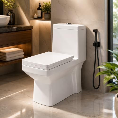 Image of KrissKross One-Piece Ceramic Western Toilet, P-Trap Soft-Close Seat Cover, Wash down flush, Rimless Hygienic Design, Compact Elongated Bowl, Floor-Mounted, White