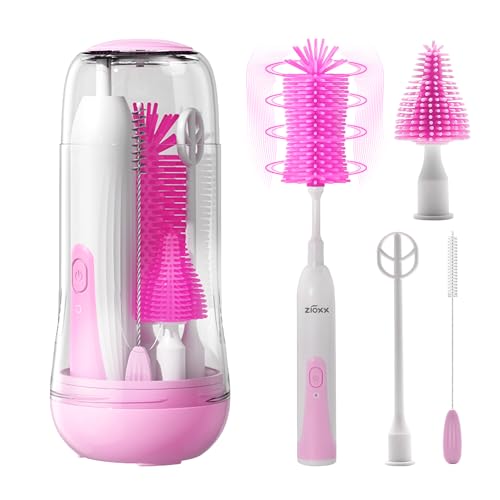 Image of Electric Bottle Brush Cleaner, Portable Electric Baby Bottle Brush Cleaner for Travel, Rechargable Travel Bottle Cleaner Kit with Nipple & Straw Brush, Perfect Mom Essentials After Birth Gift, Pink