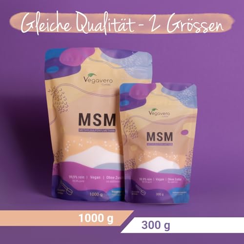 Vegavero MSM Pulver hochdosiert 300g – Nachfüllbeutel fein kristallines Methylsulfonylmethan Pulver - reiner organischer Schwefel - ohne Zusatzstoffe - Laborgeprüft & vegan