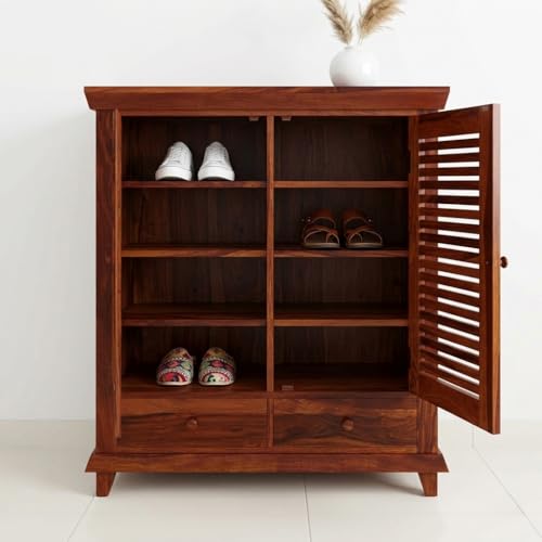 Image of Amazon Brand - Solimo Deimo Solid Sheesham Wood Shoe Rack | Wooden Footwear Organizer with 8 Shelves & 2 Drawers Shoe Cabinet for Home (Honey Finish)