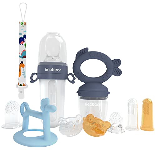 Image of Freebear Baby Fruit Feeder Pacifer, Baby Teething Toys, Baby Feeding Spoon for First Stage, Teething Pacifier Freezer Silicone Feeder, Infants Teether, Baby Food Feeding Supplies (5 in 1, Dark Blue)