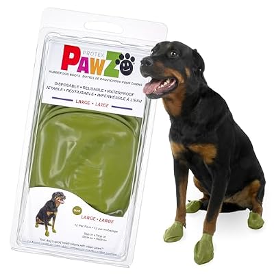 PawZ Rubber Dog Boots for Large Paws - All-Weather Waterproof Dog Shoes, Anti-Slip Traction for Rain, Snow, Mud & Hot Pavement - Pull-On Dog Booties, Olive Green - Large (3"- 4") - Pack of 12