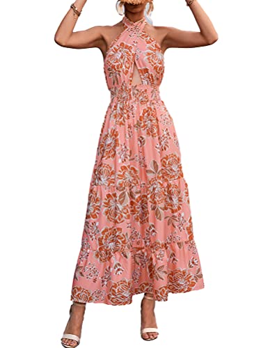 Tomwell Sommerkleider Damen V-Ausschnitt Ärmellos Kleid Retro Elegant Cocktailkleid Neckholder Strandkleid Blumen Partykleid Maxikleid Abendkleider E...