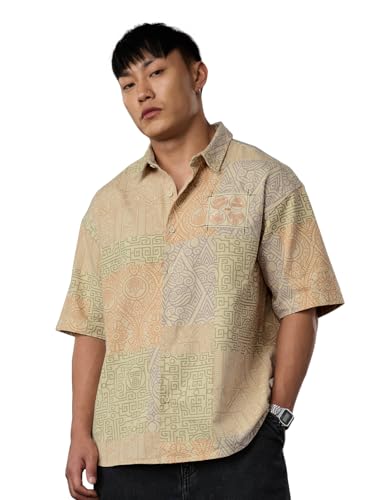 Image of The Souled Store Avatar: Everything's Connected Men and Boys Short Sleeves Collared Neck Button Front Beige Graphic Printed Cotton Oversized Shirts