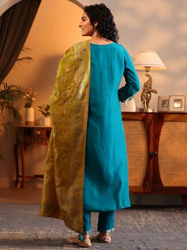 Image of Libas Woven Design Silk Blend Straight Kurta With Trousers and Dupatta